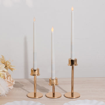 Set of 3 Gold Metal Taper Candle Stands with Round Base, Hurricane Candlestick Holders - 3.5",5.5",8"