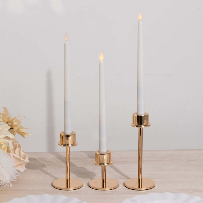 Set of 3 Gold Metal Taper Candle Stands with Round Base, Hurricane Candlestick Holders