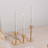 Set of 3 Gold Metal Taper Candle Stands with Round Base, Hurricane Candlestick Holders