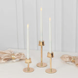 Set of 3 Gold Metal Taper Candle Stands with Round Base, Hurricane Candlestick Holders