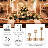 Set of 3 gold metal taper candlestick holders with round base.