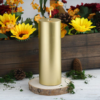 Add Elegance to Your Event with a 9" Metallic Gold Dripless Pillar Candle