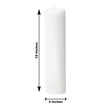 White pillar candle, 12 inches tall and 3 inches wide.