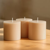 6-Pack Unscented Dripless Pillar Candles – 3x3 Beige Paraffin Wax with Smokeless Cotton