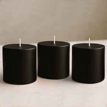 6-Pack Unscented Dripless Pillar Candles – 3"x3" Black Paraffin Wax with Smokeless Cotton Wicks, Clean & Long-Lasting 30-Hour Burn