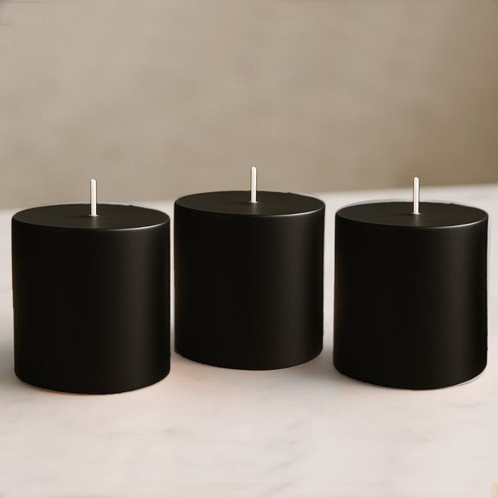 6-Pack Unscented Dripless Pillar Candles – 3x3 Black Paraffin Wax with Smokeless Cotton