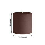 Brown pillar candle, 3 inches tall and wide, on a plain background.