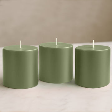 6-Pack Unscented Dripless Pillar Candles – 3"x3" Dusty Sage Green Paraffin Wax with Smokeless Cotton Wicks, Clean & Long-Lasting 30-Hour Burn
