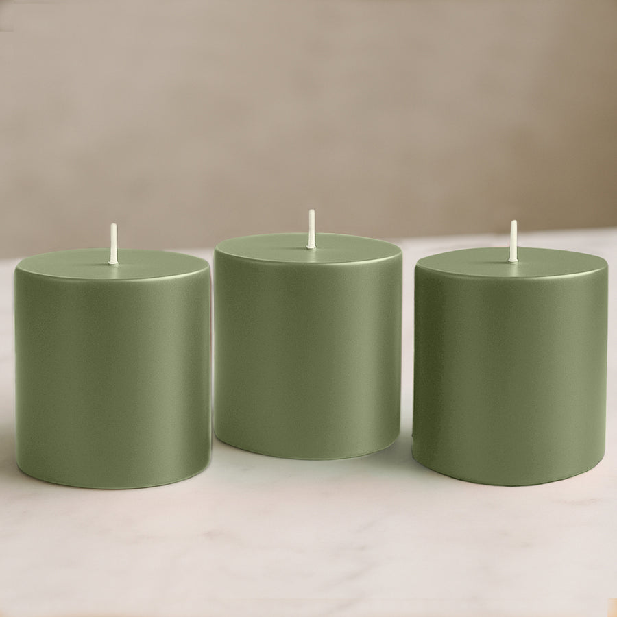 6-Pack Unscented Dripless Pillar Candles – 3x3 Dusty Sage Green Paraffin Wax