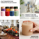 Assorted 3"x3" unscented paraffin wax pillar candles for home decor and events.