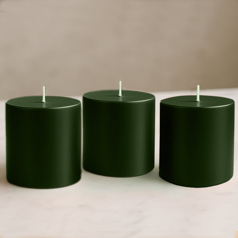 6-Pack Unscented Dripless Pillar Candles – 3x3 Hunter Emerald Green Paraffin Wax