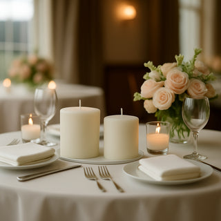 Elegant table setting with candles and floral centerpiece in soft lighting.