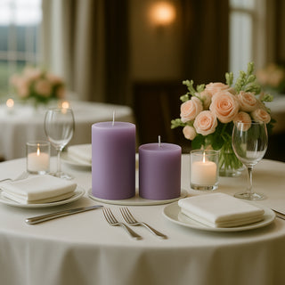 Elegant purple candles on a beautifully set dining table with floral centerpiece.