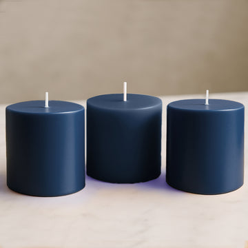 6-Pack Unscented Dripless Pillar Candles – 3"x3" Navy Blue Paraffin Wax with Smokeless Cotton Wicks, Clean & Long-Lasting 30-Hour Burn