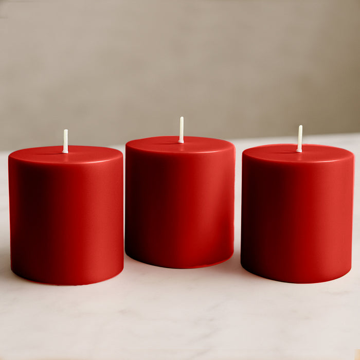 6-Pack Unscented Dripless Pillar Candles – 3x3in Red Paraffin Wax with Smokeless Cotton Wicks