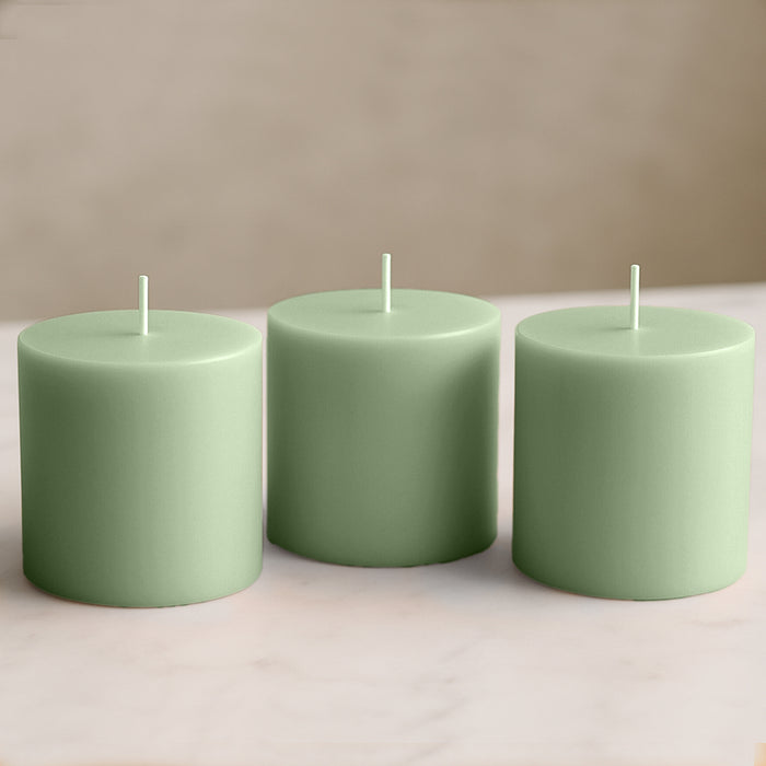 6-Pack Unscented Dripless Pillar Candles – 3x3 Sage Green Paraffin Wax with Smokeless