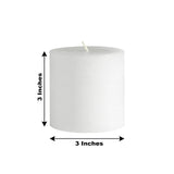 White pillar candle, 3 inches tall and 3 inches wide.