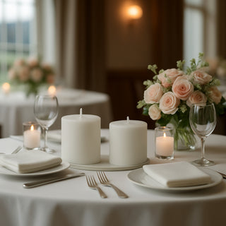 Elegant table setting with white candles, roses, and glassware. Perfect for events.