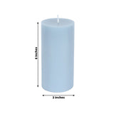 Blue pillar candle, 6 inches tall and 3 inches wide.