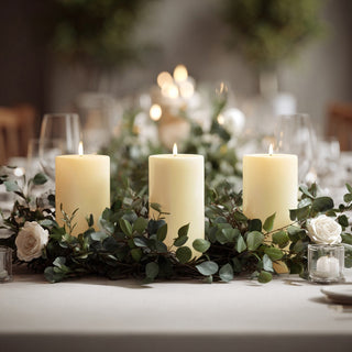 <p>Layer height using holders from the <a href="https://tableclothsfactory.com/collections/candelabra-candle-holders"><strong>Candelabras</strong></a> collection while maintaining sightlines. Over crisp <a href="https://tableclothsfactory.com/collections/rectangle-tablecloths"><strong>Tablecloths</strong></a>, Ivory pairs beautifully with white blooms and soft greenery for classic romance, or with matte black accents for modern contrast.</p>
<p>Complete your ambiance with warm fixtures from <a href="https://tableclothsfactory.com/collections/led-lightings"><strong>Lighting and Candles</strong></a>. In entryways, a mirrored tray with grouped Ivory pillars provides an inviting focal point; at dessert stations, varied heights guide attention without dominating the display.</p>