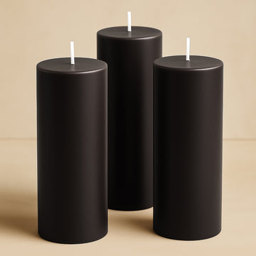 6-Pack Unscented Dripless Pillar Candles – 3"x9" Black Paraffin Wax with Smokeless Cotton Wicks, Clean & Long-Lasting 90-Hour Burn