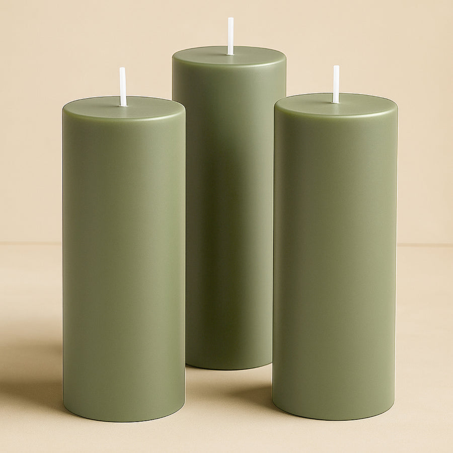 6-Pack Unscented Dripless Pillar Candles 3x9inch Dusty Sage Green Paraffin Wax Smokeless Cotton