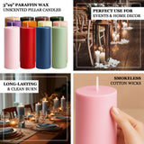 Unscented paraffin wax pillar candles in various colors for home decor and events.