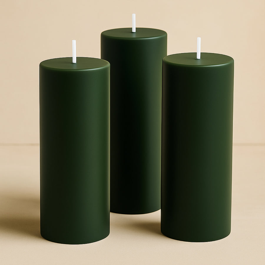 6-Pack Unscented Dripless Pillar Candles 3x9inch Hunter Emerald Green Paraffin Wax Smokeless Cotton 