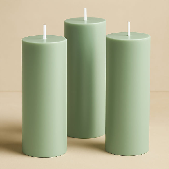 6-Pack Unscented Dripless Pillar Candles 3x9inch Sage Green Paraffin Wax Smokeless Cotton Wicks