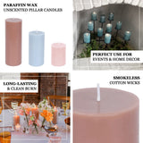 Unscented paraffin wax pillar candles in various sizes for home decor and events.