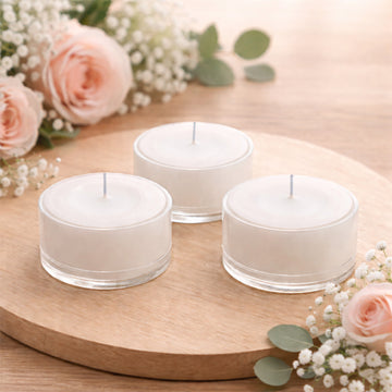 100 Pack White Tealight Candles – Unscented 7-Hour Extended Burn Time, Smokeless, Clean-Burning Wax, Clear Cups