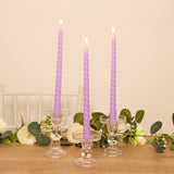 12-Pack Taper Candles Spiral Long Burn Wick Design Lavender Lilac - Premium Unscented Wax Dinner