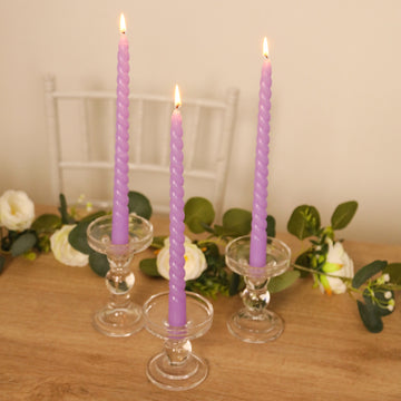 12-Pack Taper Candles Spiral Long Burn Wick Design Lavender Lilac - Premium Unscented Wax Dinner Candle Sticks 11"