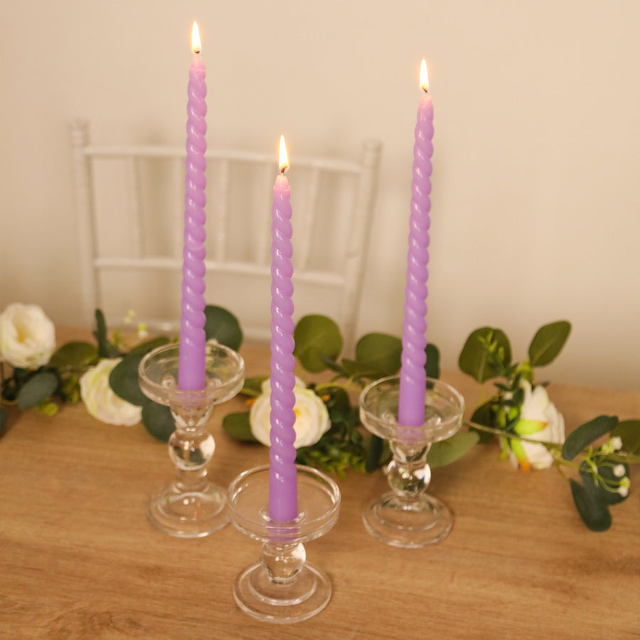 12-Pack Taper Candles Spiral Long Burn Wick Design Lavender Lilac - Premium Unscented Wax Dinner