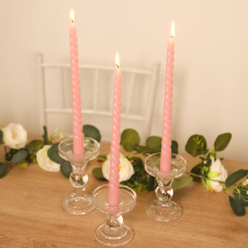 12-Pack Taper Candles Spiral Long Burn Wick Design Pink - Premium Unscented Wax Dinner Candle Sticks 11"