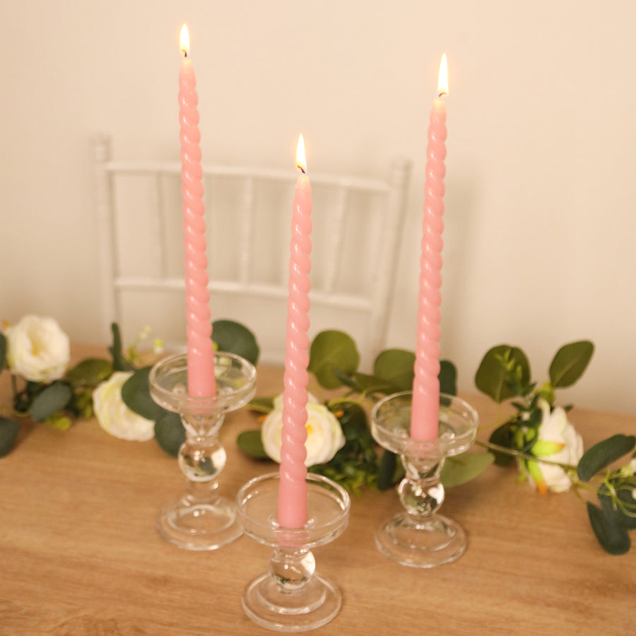 12-Pack Taper Candles Spiral Long Burn Wick Design Pink - Premium Unscented Wax Dinner Candle Sticks