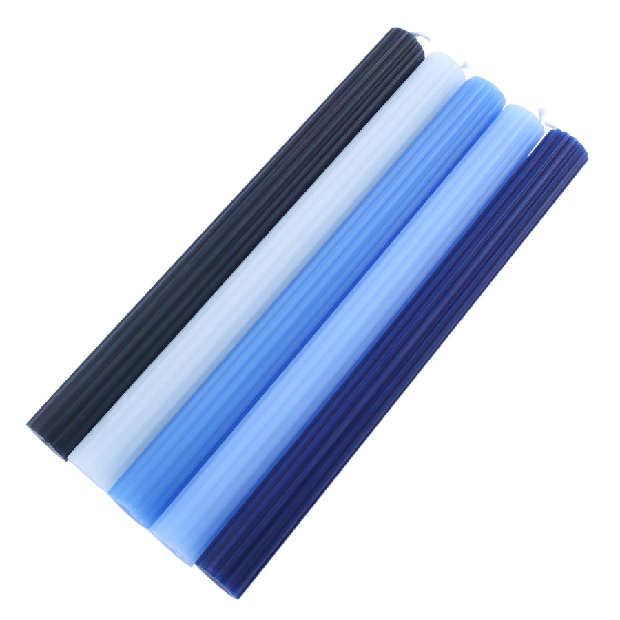 5 Pack | 9inch Assorted Blue Premium Unscented Ribbed Wax Taper Candles#whtbkgd