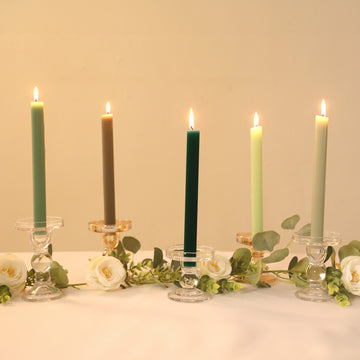 5 Pack 9" Assorted Sage Green Premium Unscented Ribbed Wax Taper Candles, Tall Real Wick Ribbon Dinner Candles