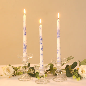 12 Pack 10" French Toile Wax Taper Candles White and Blue Unscented Candles