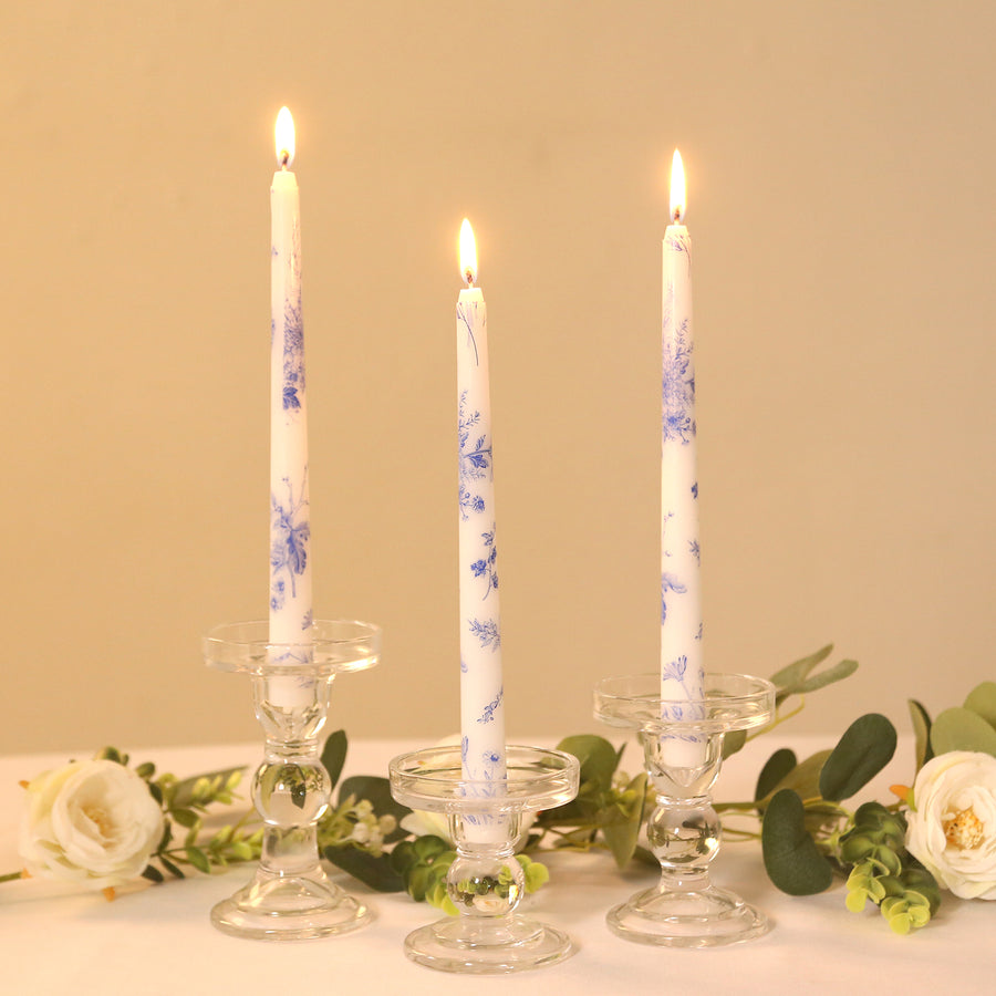 12 Pack 10inch French Toile Wax Taper Candles White and Blue Unscented Candles