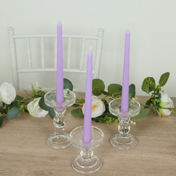 12-Pack Taper Candles Premium Wax Design Lavender Lilac - Unscented Candles for Upscale Settings 10"