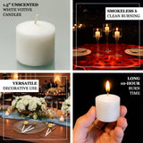 1.5" unscented white votive candle, smokeless, versatile, 10-hour burn time.