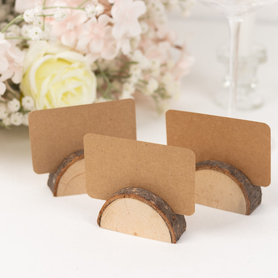 Set of 10 Semicircle Natural Wooden Place Card Holders With Brown Paper Place Cards