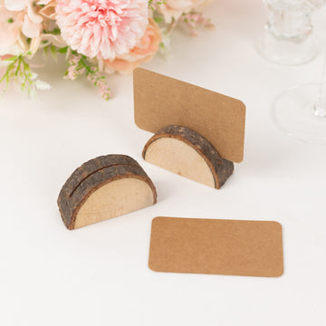 Set of 10 Semicircle Natural Wooden Place Card Holders With Brown Paper Place Cards, 2.5" Rustic Wedding Table Number Display Stands