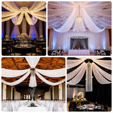 Flowing white ceiling drapes with cascading panels and string lights, styled across wedding and b...