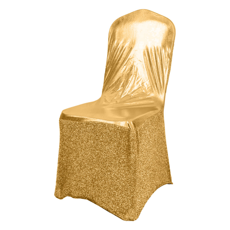 Metallic Gold Shimmer Tinsel Spandex Banquet Chair Cover With Attached Sash Band