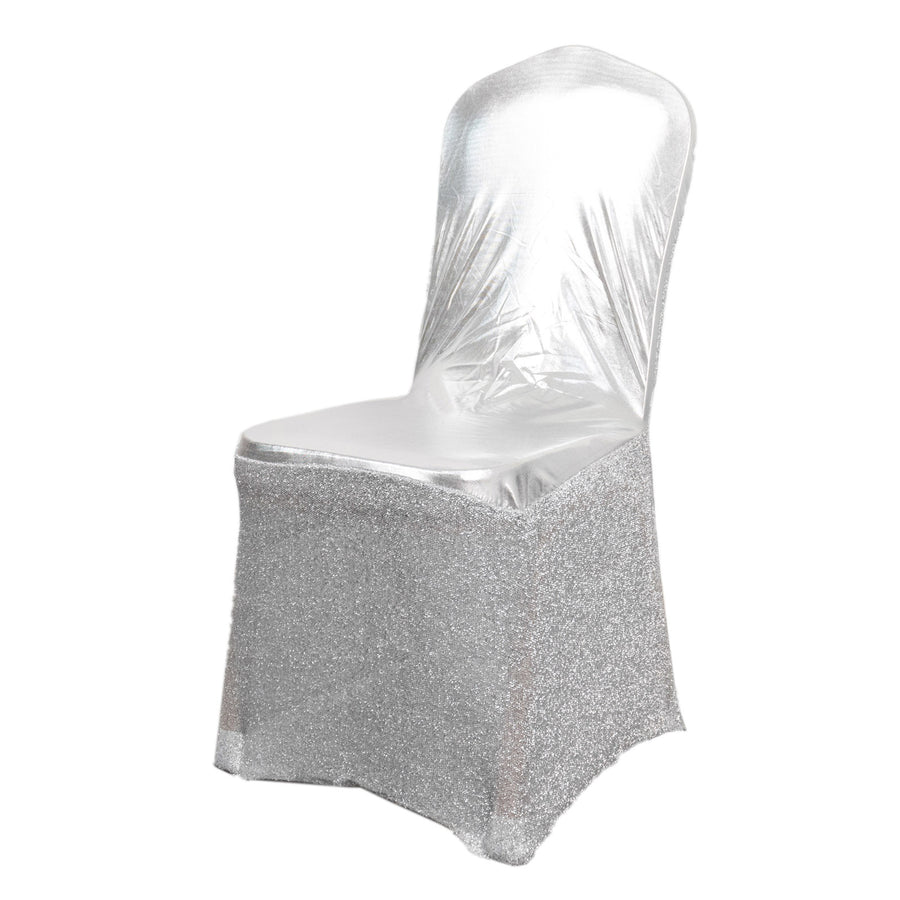Metallic Silver Shimmer Tinsel Spandex Banquet Chair Cover With Attached Sash Band