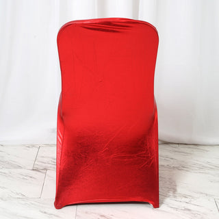 Add a Touch of Glamour to Your Event with our Shiny Metallic Red Spandex Banquet Chair Cover