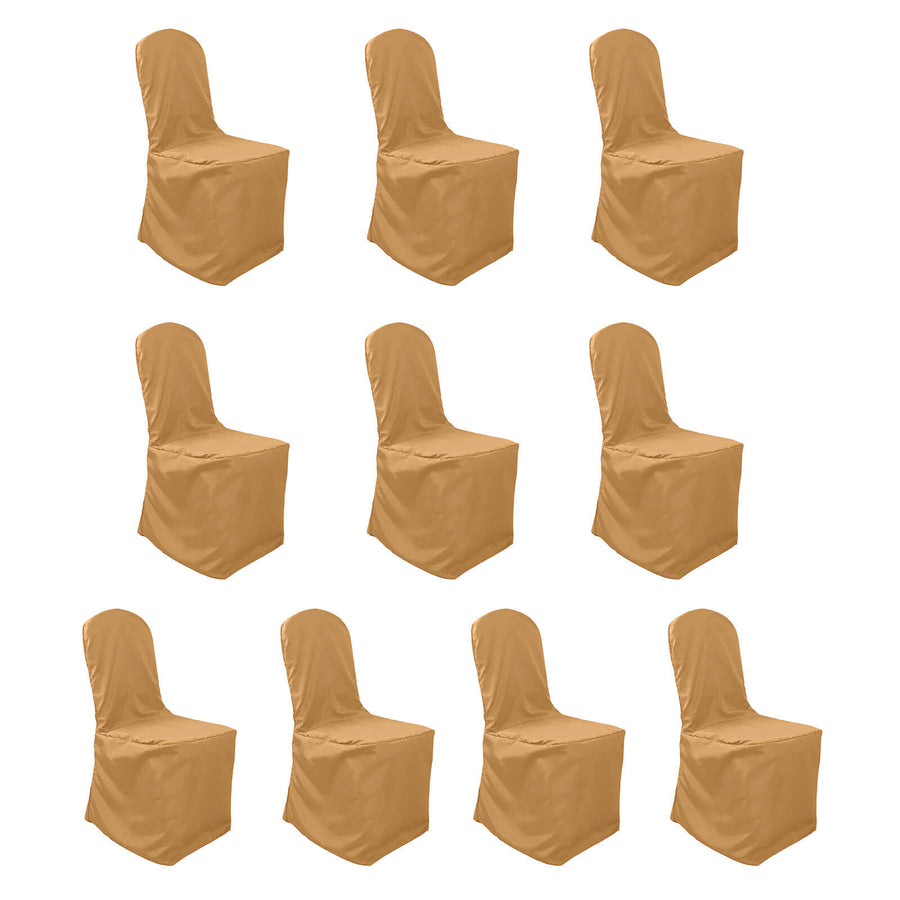 10 Pack Gold Polyester Banquet Chair Covers, Reusable Stain Resistant Slip On Chair Covers