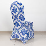 Royal Blue Flocking Damask Stretch Spandex Banquet Chair Cover With Foot Pockets, Premium